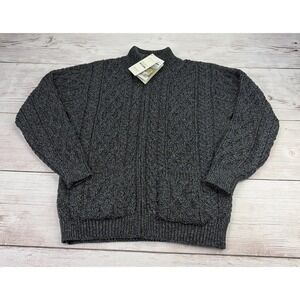 New Aran Crafts Men's S Cardigan Sweater Gray Merino Wool Full Zip Cable Knit